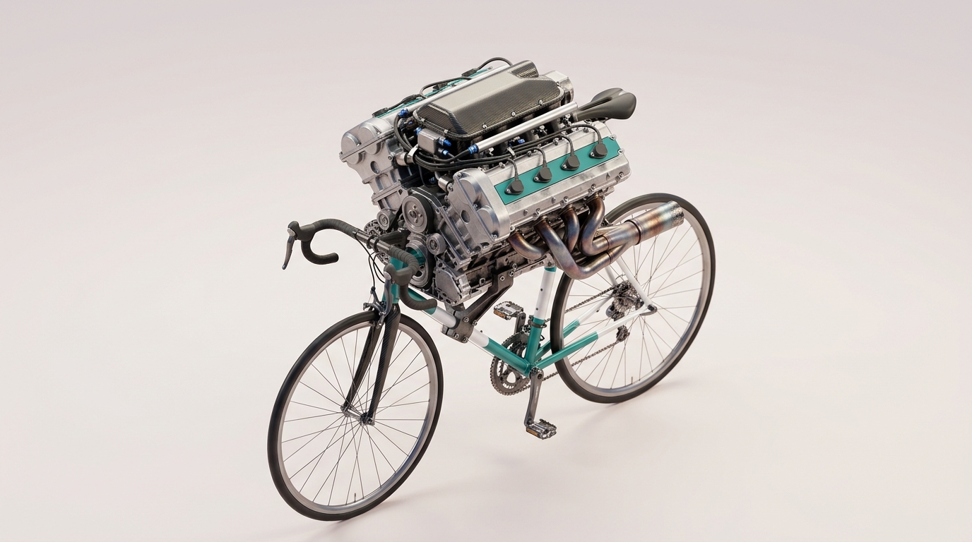 F1 engine bolted onto a bicycle frame — model without its harness